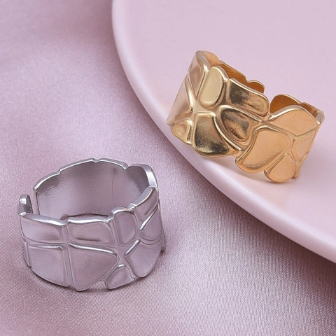 Stainless Steel Wide Band Ring Geometric Quilted Texture Minimalist Adjustable Open Rings Retro Style For Women