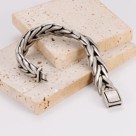 Vintage Herren Kette Armband Antik Silber 304 Edelstahl Schwer Geometrisch Geflochten Weizenmuster Kastenverschluss Punk
