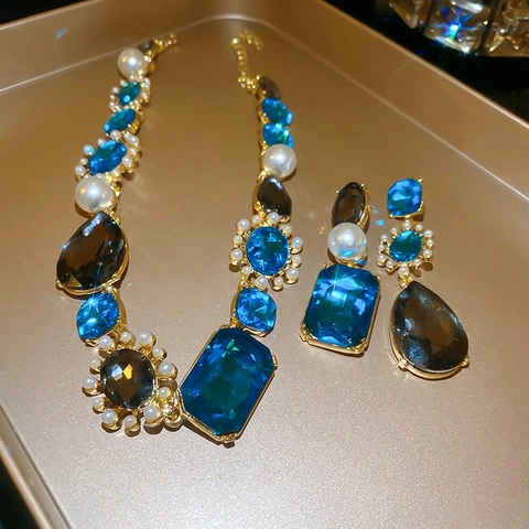 Vintage Luxus Halskette Und Ohrringe Legierung Blaue Strasssteine Künstliche Perlen Damen Mit 925 Sterling Silber Ohrring Stecker