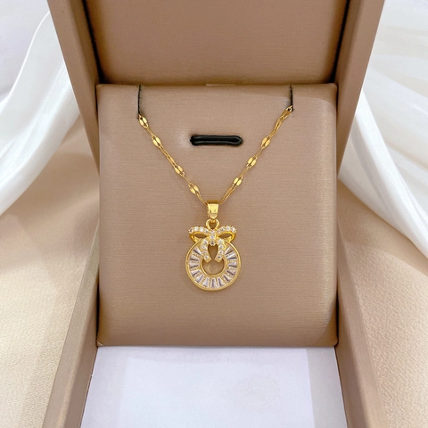 Roestvrij Stalen Strik Cirkel Hanger Ketting Koper Zirkoon Ingelegd Paleis Stijl Luxe Sieraden Voor Vrouwen