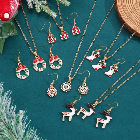 Legierung Emaille Weihnachten Schmuckset Für Damen Weihnachtsmann Schneeflocke Elch Glocke Anhänger Halskette Ohrringe Festlicher Feiertagsschmuck
