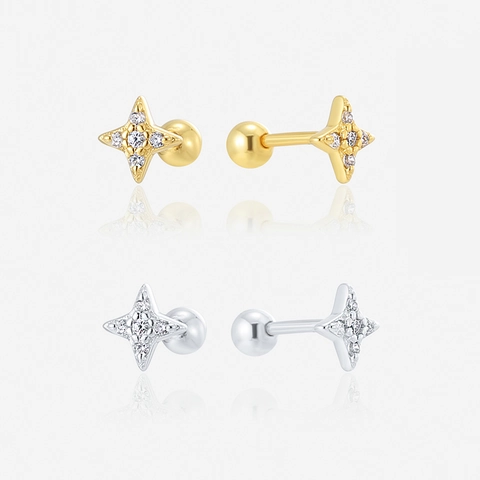 Boucles d'Oreilles Clous Étoile en Argent Sterling 925 pour Femmes Plaqué Or 14K Zirconia Fermoir à Vis Bijoux Chic