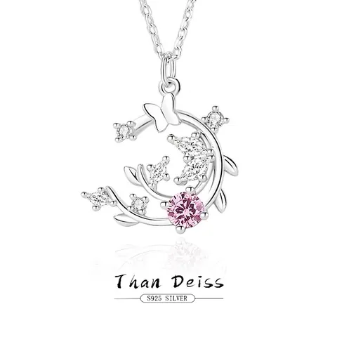 Schmetterling Mond Rebe Anhänger Halskette 925 Sterling Silber Mit Rosa Und Weißem Zirkonia Romantisches Geschenk Damen