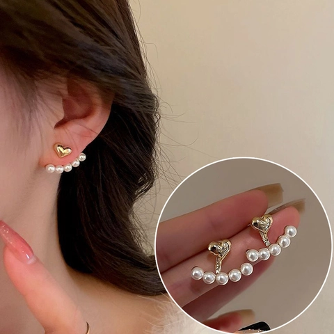 Pendientes De Botón Con Perlas Artificiales De Corazón Y Poste De Plata De Ley 925 Elegante Cobre Bañado En Oro Para Mujer