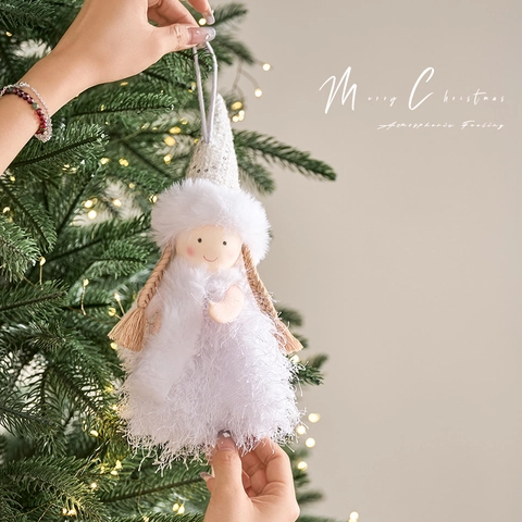 Bambola Di Angelo Di Natale In Peluche Ornamento Da Appendere Cappello Con Paillettes Bianco Fata Elfo Ciondolo Per Albero