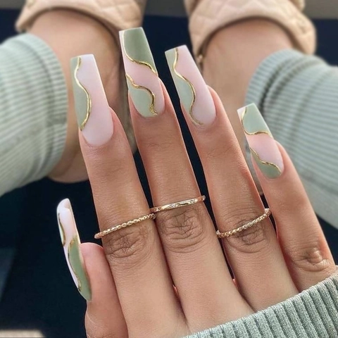 Matte Sage Green Pink Color Block Coffin Press On Nails With Gold Foil Wave Design French False Nails For Women