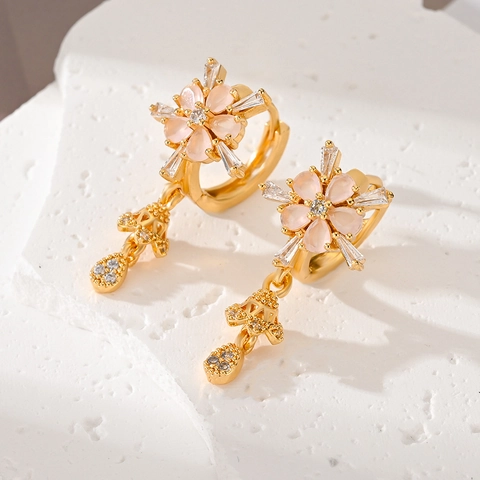 Blumen Drop Hoop Ohrringe Kupfer Zirkon Eingelegt Elegant Bunt Floral Schmuck Für Frauen Mit Kupfer Earring Post