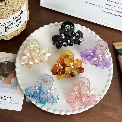 Elegant Flower Hair Claw Clip Acetate Floral Shark Clip Jelly Color Rhinestone Hair Accessories For Women