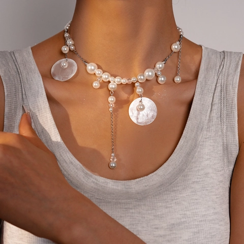 Collar De Clavícula De Imitación De Perla Artificial Con Colgantes De Concha Cadena De Aleación Flecos Borla Joyería De Vacaciones En La Playa Para Mujeres