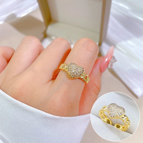 Heart Zircon Ring Copper Gold Plated Adjustable Open Chain Band Fashion Jewelry For Women