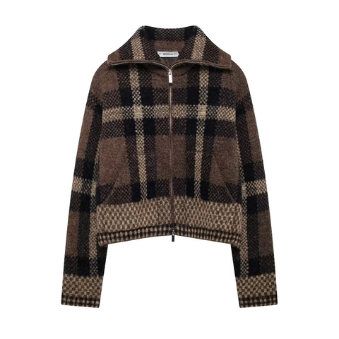 Giacca Cardigan In Maglia Da Donna Plaid Cerniera Risvolto Maniche Lunghe Casual Vintage