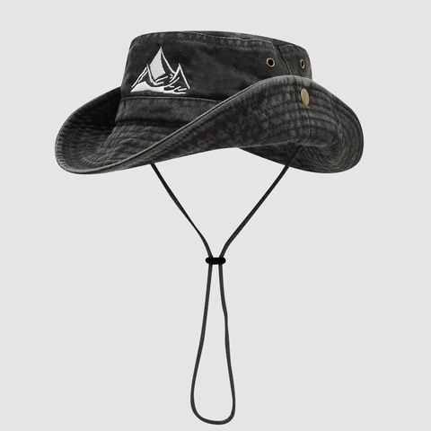 Washed Cotton Outdoor Bucket Hat With Mountain Embroidery Wide Brim Adjustable Windproof Rope For Hiking Camping