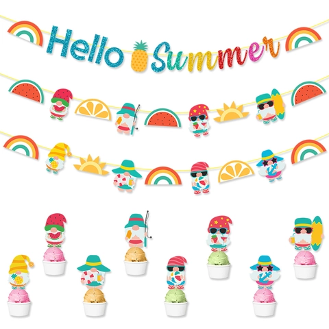 Hello Summer Banner Girlande Papier Gnom Ananas Wassermelone Frucht Regenbogen Tropisch Hawaii Strand Party Dekorationen