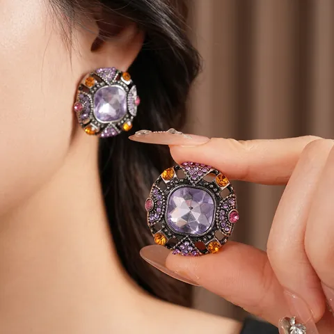 Vintage Square Rhinestone Earrings Baroque Palace Purple Crystal Alloy With 925 Sterling Silver Earring Post Elegant