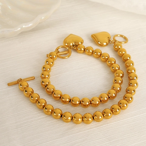 Vintage Roestvrijstalen Harthanger Kralen Armband Voor Dames Verguld Titaniumstaal Kapittelsluiting Elegante Dagelijkse Sieraden