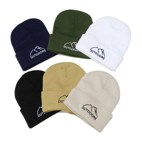 Berg Stickerei Acryl Strickmütze Beanie Outdoor Winter Warm Aufschlag Totenkopf Kappe Für Herren Damen
