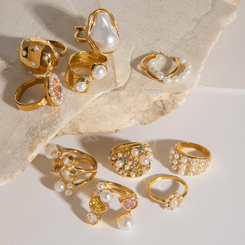 Edelstahlringe Vergoldet Kunstperle Zirkon Wasserdicht Hypoallergen Retro Barock Eleganter Schmuck Für Damen