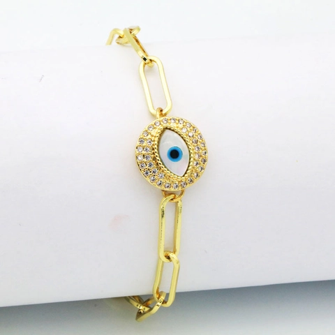 Böser Blick Hamsa Hand Büroklammer Gliederkette Armband 18K Vergoldetes Kupfer Zirkonia Muschel Amulett Schmuck Für Damen