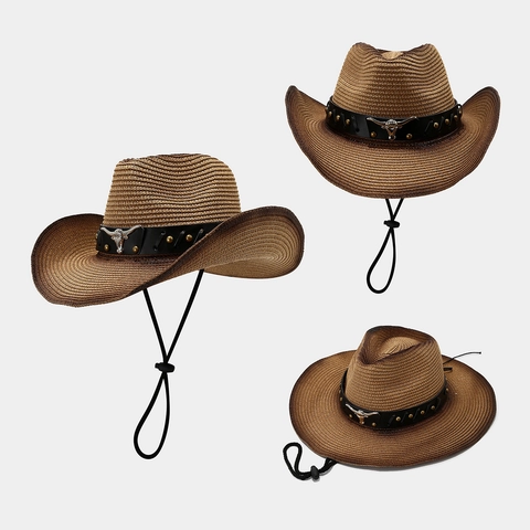 Western Cowboy Straw Hat With Metal Bull Head Leather Belt Adjustable Chin Strap Sun Protection Vintage Style