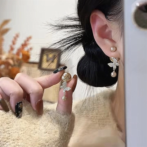 Butterfly Artificial Pearl Stud Earrings With Zircon Silver Earring Post French Vintage Luxury Gold Plated Jewelry For Women