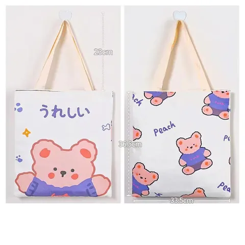 Leuke Cartoon Beer Konijn Print Canvas Draagtas Grote Capaciteit Rits Schouder Handtas Voor Student School Casual Winkelen