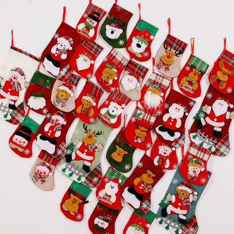 Weihnachtsstrümpfe 3D Cartoon Weihnachtsmann Schneemann Rentier Karo Jute Filz Stoff Aufhängen Süßigkeiten Geschenktüten