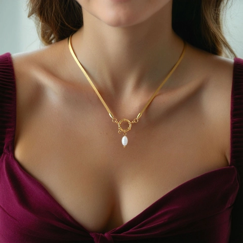 Vintage Roestvrij Staal 18K Vergulde Halsketting Voor Dames Met Zoetwaterparel Hanger Minimalistische Sieraden
