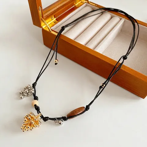 Retro Gold Pinecone Pendant Long Necklace Alloy With Wooden Beads And Black Leather Cord Bohemian Ethnic Style Women
