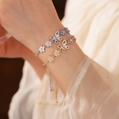 French Vintage Butterfly Flower Copper Bracelet With Zircon And Opal Adjustable Drawstring Jewelry Women Style