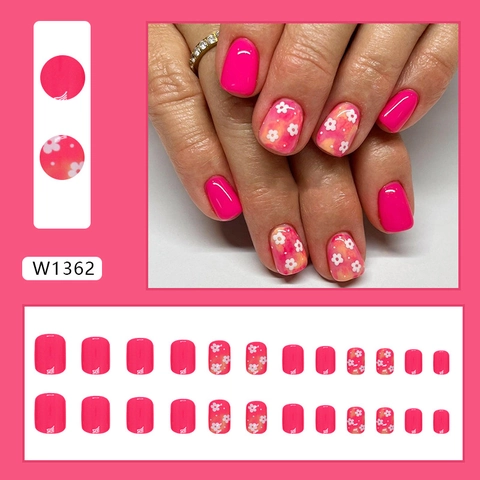 Unghie Finte Fuchsia Rosso Motivo Fiori Bianchi Corto Quadrato Tondo Stile Ins Dolce Manicure Artificiale Portatile