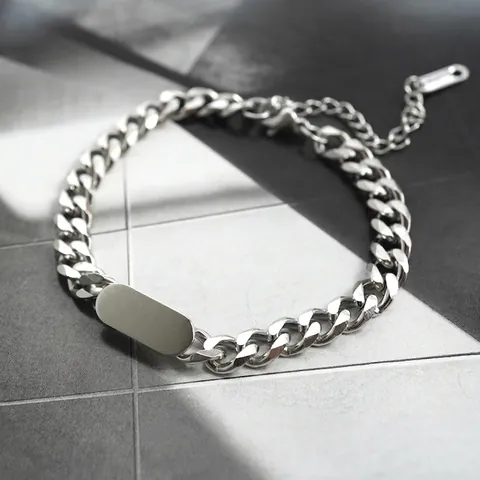 Bracciale A Catena Cubana In Acciaio Inossidabile Con Piastrina Rettangolare Liscia Gioielli Stile Hip Hop Punk Da Uomo