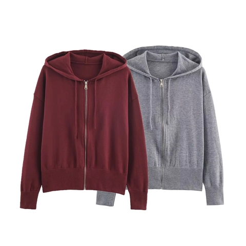Sudadera De Punto Con Capucha Y Cremallera Para Mujer Casual De Manga Larga Color Sólido Acrílico Chaqueta