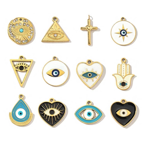 Edelstahl Evil Eye Hamsa Hand Herz Kreuz Anhänger Emaille Strass DIY Schmuckherstellung Zubehör Vintage Stil