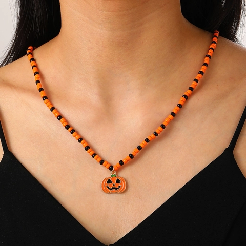 Halloween Perlen Halskette Und Armband Legierung Kürbis Totenkopf Fledermaus Anhänger Orange Schwarze Perlen Gotischer Schmuck