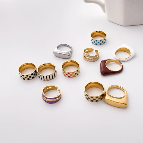 Geometrische Emaille Schachbrett Doppelstock Ringe Edelstahl Retro Minimalistische Unregelmäßige Finger Schmuck Frauen