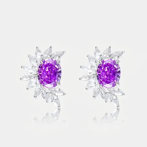 Boucles d'Oreilles Clous Fleur en Argent Sterling 925 avec Strass Violet pour Femmes Boucles d'Oreilles en Cristal Ovale Élégant Bijou