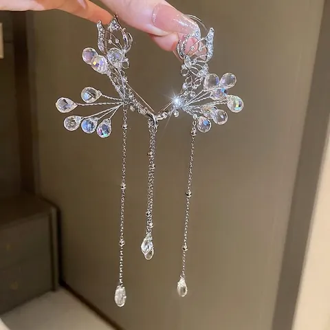 Orecchini Clip Ear Cuff Farfalla Fiore Nappa Lega Strass Goccia D'acqua Frange Lunghe Stile Fata Senza Buco Donna