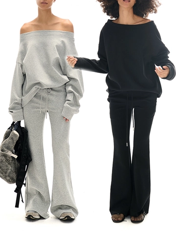 Women Off Shoulder Sweatshirt And Wide Leg Pants Cotton Blend Long Sleeve Solid Color Casual Lounge Wear