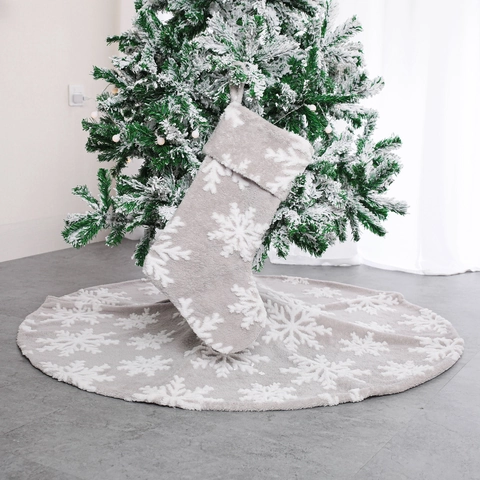 Set di Calza e Gonna per Albero di Natale Grigio Jacquard Fiocco di Neve Velluto di Cotone Shu Tappetino per Decorazione Casa