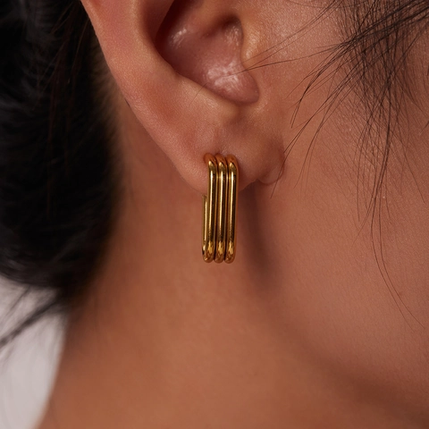 Boucles D'oreilles Créoles En C Acier Titane Plaqué Or 18K Double Triple Ligne Géométrique Minimaliste Pour Femmes