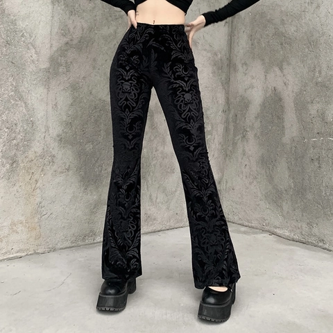 Pantalones Acampanados Góticos Mujeres Cintura Alta Algodón Poliéster Terciopelo Estampado Damasco Relieve Ajustado Streetwear