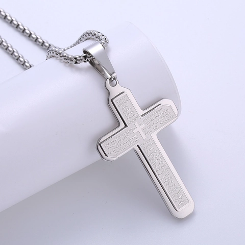 Collier Pendentif Croix Prière Notre Père Espagnol Acier Inoxydable Religieux Double Couche Couleur Argent Bijoux