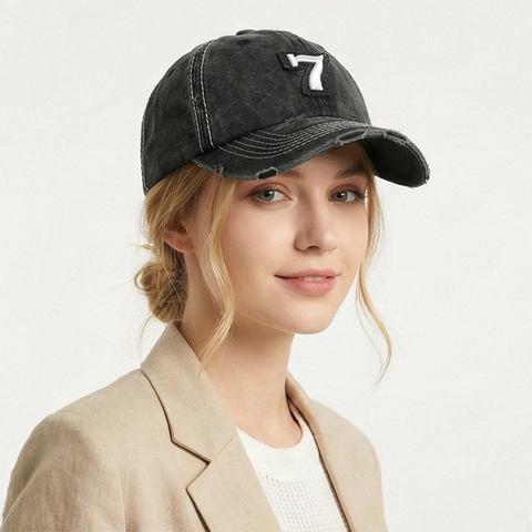 Washed Cotton Baseball Cap Distressed Retro Nummer 7 Stickerei Vintage Verstellbare Sonnenhut Für Herren Damen