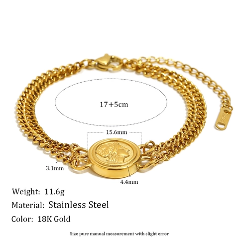 Retro Double Layer Chain Bracelet 18K Gold Plated Stainless Steel Portrait Coin Pendant Fashion Niche Women Jewelry