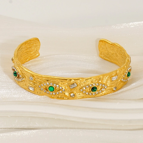 Brazalete De Ojo Turco De Acero Inoxidable Chapado En Oro De 18K Textura Martillada Malaquita Piedra Verde Circón Vintage