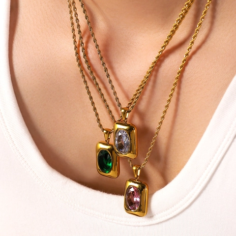 Elegant Rectangular Zircon Pendant Necklace 18K Gold Plated Stainless Steel Twist Chain Fashion Jewelry Women