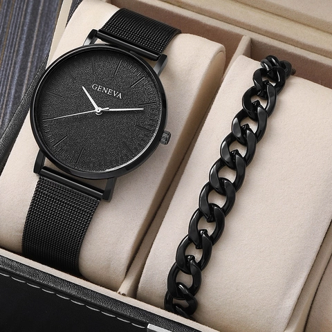 Ensemble De Montre À Quartz Ultra Mince Pour Homme Et Bracelet Gourmette Alliage Acier Inoxydable Mode Affaires