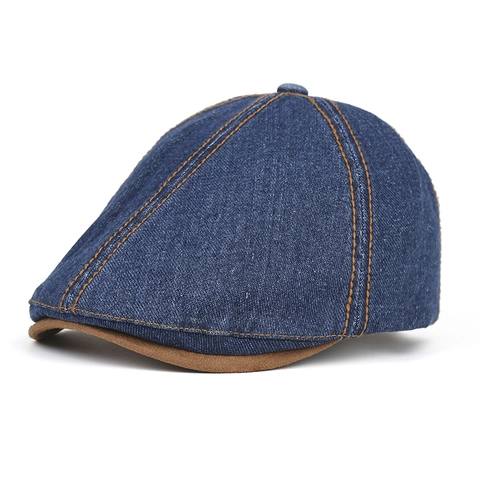 Vintage Britischer Stil Schirmmütze Denim Wildlederimitat Baskenmütze Ivy Hut Kontrastnähte Verstellbar Lässige Flache Kappe