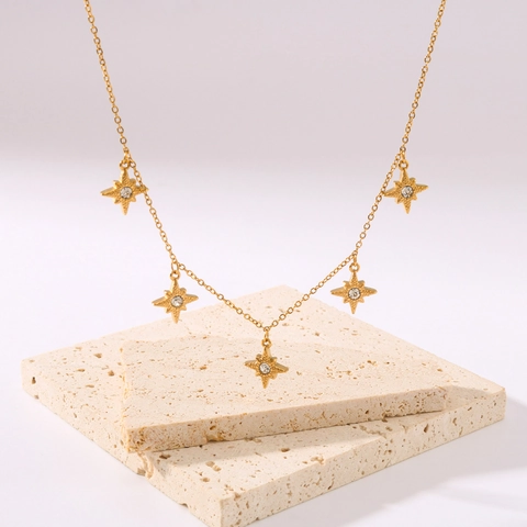 Eight-Pointed Star Pendant Necklace Stainless Steel 18K Gold Plated With Zircon Elegant Versatile Jewelry For Women