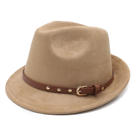 Chapeau Fedora Rétro Britannique Suédine Feutre Bord Court Avec Bande En Cuir Rivets Dorés Boucle Style Jazz Hommes Femmes